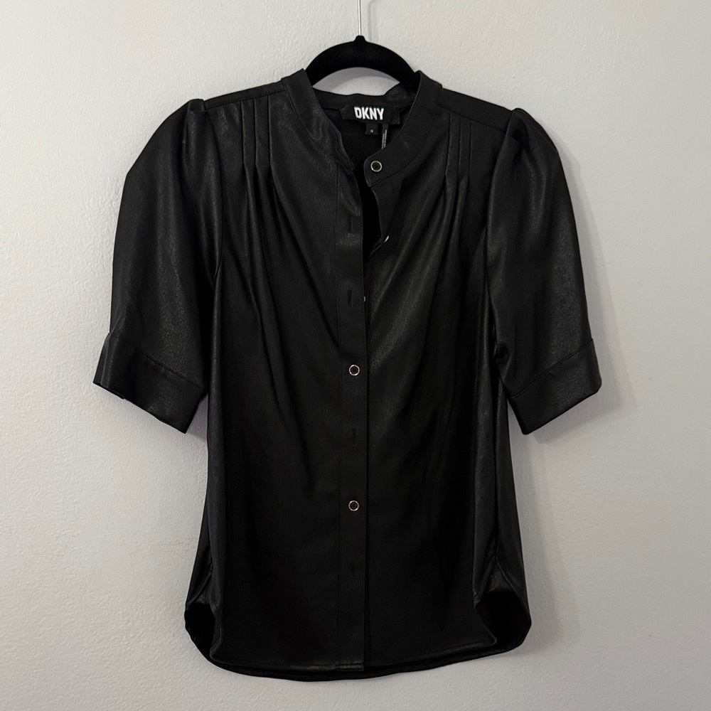 DKNY Black Faux Leather Snap-Front Shirt